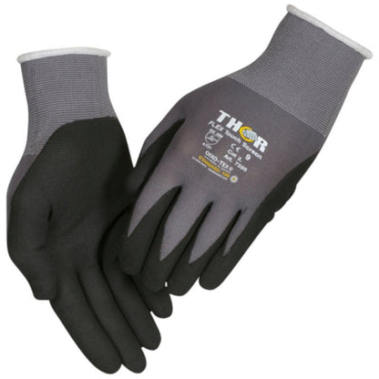 Pár pracovných rukavíc Thor Flex v sivej a čiernej farbe s bielym lemom od spoločnosti Abena Re-Seller GmbH. Rukavice sú opatrené nápisom "THOR" a bezpečnostnými značkami na chrbte ruky, ideálne pre manipuláciu s rôznymi nástrojmi.