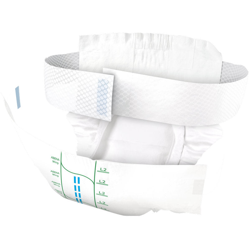 Die ABENA Wing Premium von Abena Re-Seller GmbH ist eine Einwegwindel für Erwachsene mit elastischen Bündchen, Klebelaschen, blauen und grünen Nässeindikatoren, sichtbarer Innenpolsterung, strukturierter Außenschicht und bietet Schutz und Komfort.