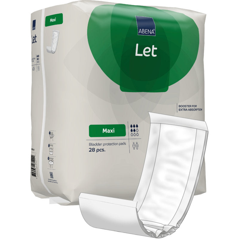 Na obrázku je balenie ABENA Let ochranných vložiek na močový mechúr od spoločnosti Abena Re-Seller GmbH s bielym a zeleným dizajnom, ľahko prenosnou taškou, obrázkom vložky na prednej strane, extra absorpciou a 28 kusmi na balenie.