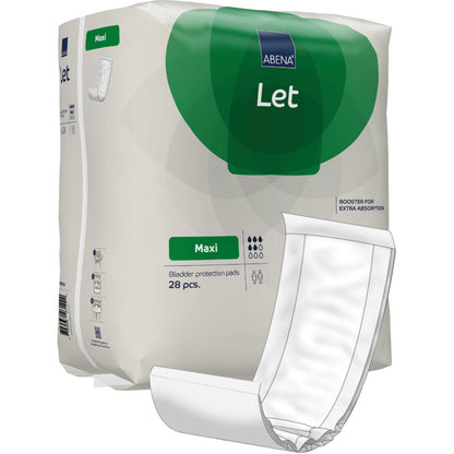 Na obrázku je balenie ABENA Let ochranných vložiek na močový mechúr od spoločnosti Abena Re-Seller GmbH s bielym a zeleným dizajnom, ľahko prenosnou taškou, obrázkom vložky na prednej strane, extra absorpciou a 28 kusmi na balenie.