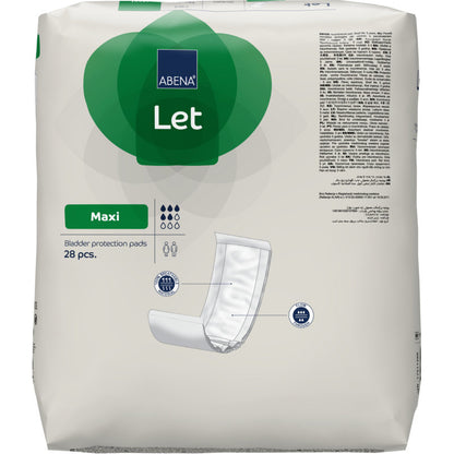 Balenie ABENA Let ochranných vložiek na močový mechúr od spoločnosti Abena Re-Seller GmbH s názvom produktu, typom vložky, absorpciou, počtom 28 vložiek a obrázkom vložky na bielom a zelenom pozadí.