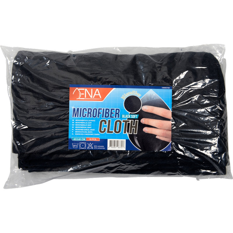 Eine durchsichtige Plastikverpackung enthält 10 gefaltete schwarze ENA Soft Mikrofasertücher (40x40 cm) von Abena Re-Seller GmbH mit einem blau-schwarzen "Mikrofasertuch"-Etikett - perfekt für die Autopflege oder Haushaltsreinigung.