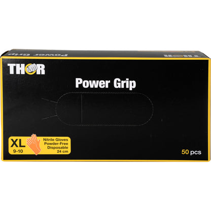 Eine Schachtel mit der Aufschrift "Thor Power Grip, Orange" der Abena Re-Seller GmbH enthält 50 puderfreie Einweg-Nitrilhandschuhe im Format XL (9-10), 24 cm lang, mit einem gelben Handsymbol und Produktinformationen auf der Vorderseite für eine bessere Griffigkeit.