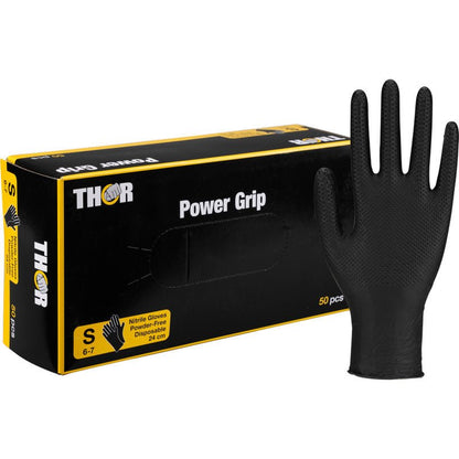 Krabica Thor Power Grip, čierna od Abena Re-Seller GmbH, veľkosť S 6-7, s rukavicou zobrazenou vzpriamene. Perfektné na silový tréning alebo vzpieranie; krabica obsahuje 50 bezprašných jednorazových rukavíc.