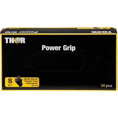 Čierna krabica s nápisom "Thor Power Grip, čierna" od Abena Re-Seller GmbH obsahuje 50 malých, bezprašných jednorazových nitrilových rukavíc na silový tréning alebo vzpieranie. Žltá etiketa na prednej strane ukazuje veľkosť S a dĺžku rukavíc 24 cm.