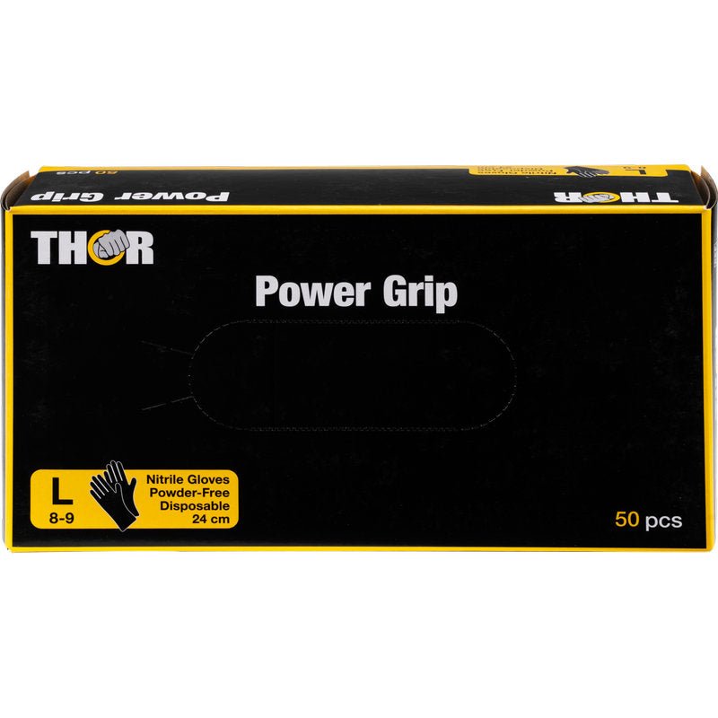 Čierna krabica s nápisom "Thor Power Grip, čierna" od Abena Re-Seller GmbH obsahuje 50 veľkých (veľkosť L, 8-9), 24 cm dlhých, bezprašných nitrilových rukavíc, ideálne na silový tréning a vzpieranie. Text a grafika sú žlté a biele.
