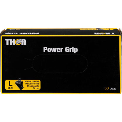 Čierna krabica s nápisom "Thor Power Grip, čierna" od Abena Re-Seller GmbH obsahuje 50 veľkých (veľkosť L, 8-9), 24 cm dlhých, bezprašných nitrilových rukavíc, ideálne na silový tréning a vzpieranie. Text a grafika sú žlté a biele.