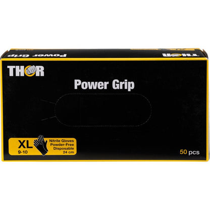 Čierno-žltá krabica Thor Power Grip, čierne nitrilové rukavice od Abena Re-Seller GmbH, veľkosť XL (9-10), bezprašné, jednorazové, 24 cm dlhé, 50 kusov na krabicu. S produktovými informáciami a zobrazením rukavíc na prednej strane; ideálne na silový tréning.