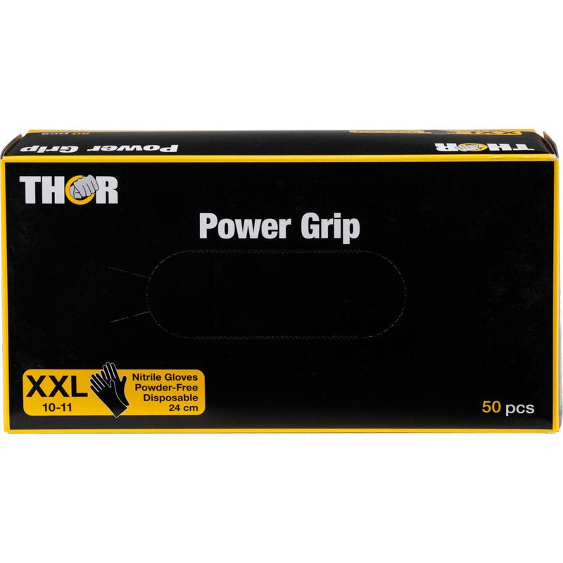 Krabica Thor Power Grip, čierna od Abena Re-Seller GmbH obsahuje 50 čierno-žltých, bezprašných jednorazových rukavíc z nitrilu vo formáte XXL (10-11). Nápis na silový tréning je na prednej strane vytlačený bielou a žltou farbou.