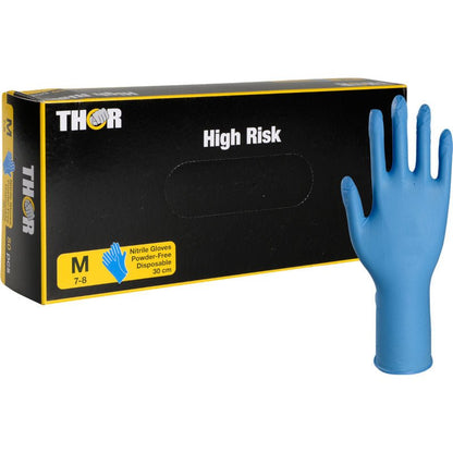 Vzpriamene stojí stredne veľká krabica s nápisom "Thor High Risk Nitril-Handschuhe, Blau, 30 cm" od Abena Re-Seller GmbH. Rukavice bez púdru sú jednorazové a poskytujú chemickú ochranu.
