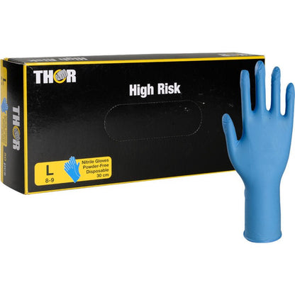 Krabica s nápisom "Thor High Risk Nitril-Handschuhe, Blau, 30 cm" od Abena Re-Seller GmbH obsahuje modrú nitrilovú rukavicu. Balenie v žltej a modrej farbe poukazuje na chemickú ochranu, veľkosť L (8-9), bez púdru a dĺžku 30 cm.