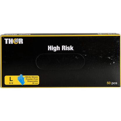 Čierna krabica s nápisom "Thor High Risk Nitril-Handschuhe, Blau, 30 cm" od Abena Re-Seller GmbH obsahuje 50 veľkých (8-9) modrých, bezpúdrových jednorazových nitrilových rukavíc pre chemickú ochranu, s symbolom rukavice a žltými informáciami na prednej strane.