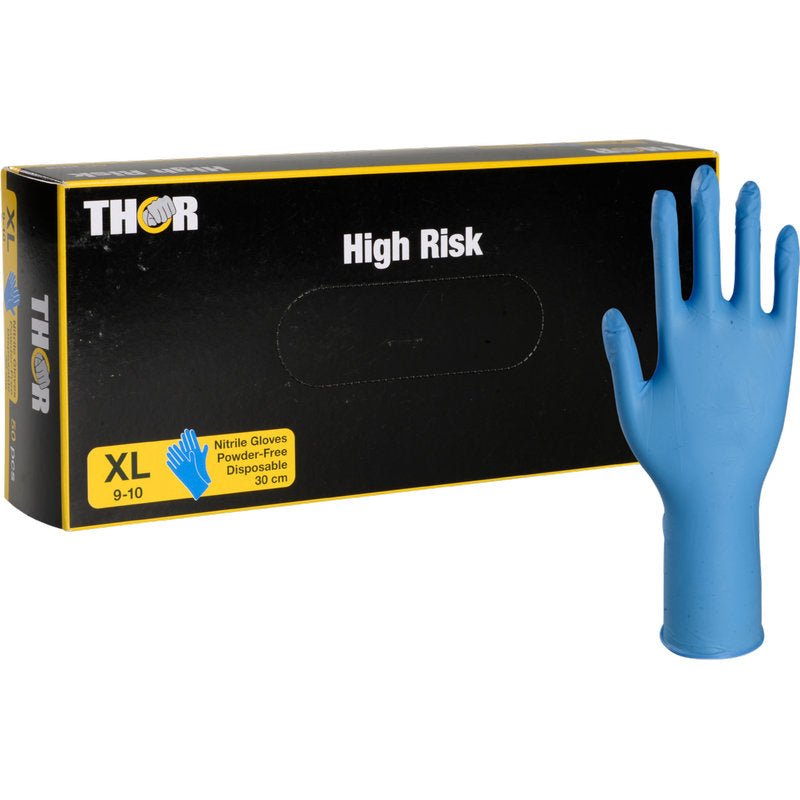 Čierna krabica s nápisom "Thor High Risk Nitril-Handschuhe, Blau, 30 cm" od Abena Re-Seller GmbH je zobrazená s vzpriamene stojacou modrou nitrilovou rukavicou. Chemická ochranná krabica poukazuje na to, že rukavice sú XL, bez púdru, jednorazové a 30 cm dlhé.