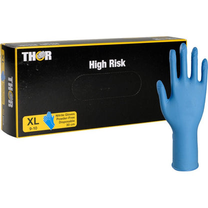 Čierna krabica s nápisom "Thor High Risk Nitril-Handschuhe, Blau, 30 cm" od Abena Re-Seller GmbH je zobrazená s vzpriamene stojacou modrou nitrilovou rukavicou. Chemická ochranná krabica poukazuje na to, že rukavice sú XL, bez púdru, jednorazové a 30 cm dlhé.