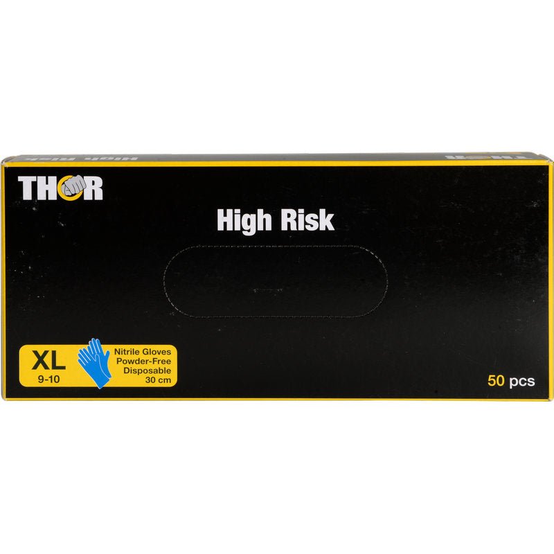 Čierna krabica s nápisom "Thor High Risk Nitril-Handschuhe, Blau, 30 cm" od Abena Re-Seller GmbH obsahuje 50 bezpúdrových jednorazových rukavíc vo formáte XL (9-10), ktoré poskytujú spoľahlivú chemickú ochranu.