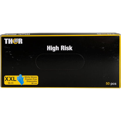 Modrá krabica Thor High Risk nitrilových rukavíc, 30 cm dlhých, od Abena Re-Seller GmbH. Bezpúdrové jednorazové chemické ochranné rukavice sú dodávané v balení po 50 kusov.