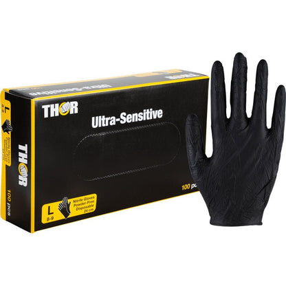 Krabica Abena Re-Seller GmbH Thor Ultra Sensitive nitrilová rukavica, čierna, veľkosť veľká (100 kusov), s čiernou rukavicou zobrazenou vpravo.