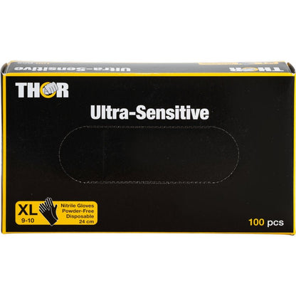 Krabica Abena Re-Seller GmbH Thor Ultra Sensitive nitrilová rukavica, čierna, veľkosť XL (9-10), bezprašná, jednorazová, 24 cm, 100 kusov. Čierna krabica má biely/žltý nápis a symbol rukavice.
