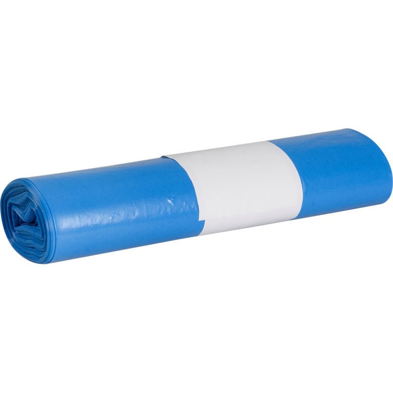 Pevne zvinutý balík modrých plastových vriec Abena Re-Seller GmbH pre Sækkoboy 40 (40 my LDPE recyklovaný), zabezpečený bielym papierovým pásikom uprostred.