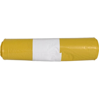 Rolka žltých odpadkových vriec pre Sækko Boy 60 (55 my LDPE Recycled) od Abena Re-Seller GmbH, s bielym štítkom v strede, leží horizontálne na jednofarebnom bielom pozadí.