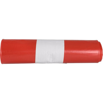 Zvinutý červený odpadkový vak pre Sækko Boy 60 (55 my LDPE Recycled) od Abena Re-Seller GmbH s širokým bielym stredovým pásom z ekologického plastu, zobrazený z boku na bielom pozadí.