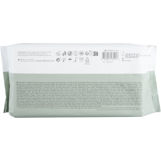 Eine Rückansicht der Abena Re-Seller GmbH Feuchtpflegetücher, Mit Deckel, 20x27 cm, Weiß (80 Paare) Packung zeigt Inhaltsstoffe, Anwendungshinweise und Symbole auf einer überwiegend weiß-grünen Verpackung mit mehrsprachigem Text und einem Barcode oben rechts.