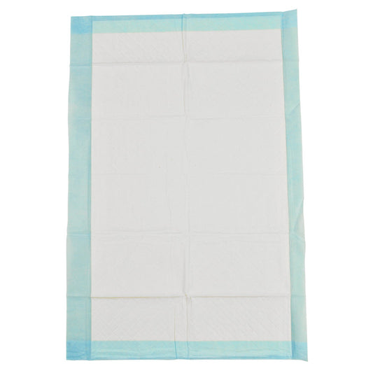 Eine rechteckige Abena Einweg-Unterlage, 6-lagig, 40x60 cm, weiß mit blauem Rand, liegt flach auf einem neutralen Hintergrund; die Oberfläche zeigt dezente Knicklinien und eine gesteppte Struktur. Packung mit 25 Stück von Abena Re-Seller GmbH.