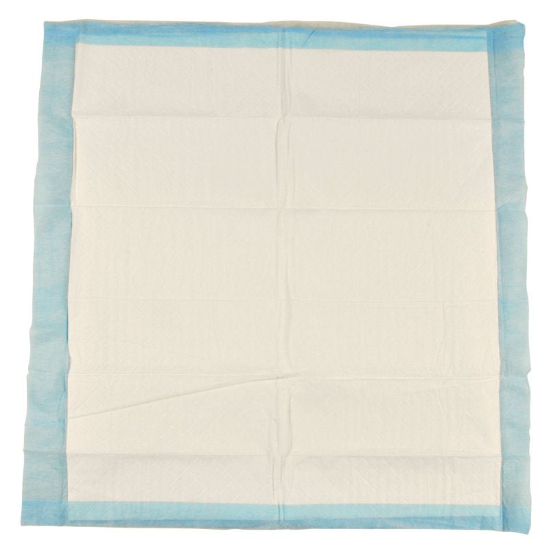 Šesťvrstvová, 60x60 cm veľká jednorazová podložka ABENA Tissue od spoločnosti Abena Re-Seller GmbH s modrým okrajom a bielym stredom je zobrazená naplocho a vykazuje viditeľné záhyby; predáva sa v baleniach po 25 kusov.