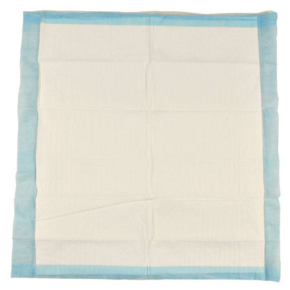 Šesťvrstvová, 60x60 cm veľká jednorazová podložka ABENA Tissue od spoločnosti Abena Re-Seller GmbH s modrým okrajom a bielym stredom je zobrazená naplocho a vykazuje viditeľné záhyby; predáva sa v baleniach po 25 kusov.
