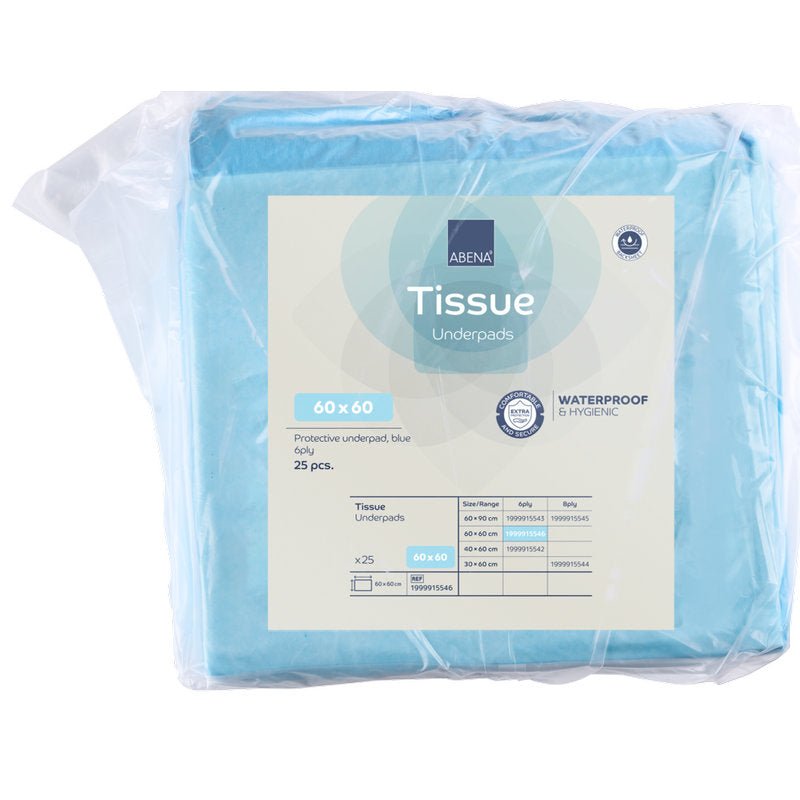 Balenie s 25 jednorazovými podložkami ABENA Tissue, 6-vrstvové, 60x60 cm, modré od spoločnosti Abena Re-Seller GmbH. Vodotesné a hygienické vložky sú dodávané v priehľadnom obale, na ktorom sú uvedené všetky údaje a špecifikácie produktu na etikete.