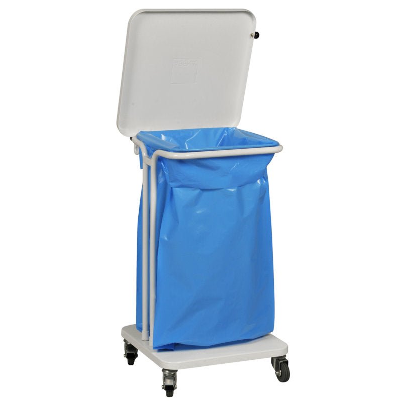 A Sækko Boy 40 odpadová nádoba, s vekom v bielej farbe od spoločnosti Abena Re-Seller GmbH stojí na štyroch kolieskach a obsahuje veľký modrý plastový vnútorný vak.