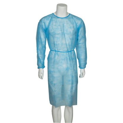 Eine Schaufensterpuppe trägt einen Abena Re-Seller GmbH Besucherkittel, Nonwoven/PP, Blau - langärmelig mit Taillenbinde - vor einem schlichten weißen Hintergrund, ideal für den Einsatz in medizinischen Einrichtungen.