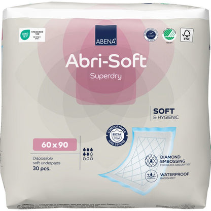 Balenie 30 jednorazových podložiek Abena Re-Seller GmbH, Abri-Soft Superdry, modré (60 x 90 cm) poskytuje komfort, hygienu, kosoštvorcovú razbu a vodeodolnú zadnú stranu pre spoľahlivú ochranu.
