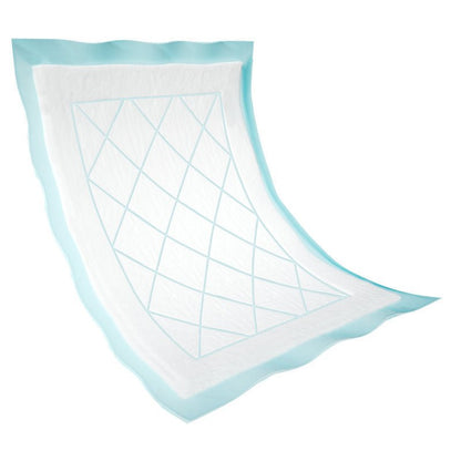 Jednorazová podložka Abri-Soft Superdry modrá od Abena Re-Seller GmbH je obdĺžniková jednorazová podložka so stehovanou bielou absorpčnou stranou a svetlomodrou vodeodolnou zadnou stranou s mierne zvlnenými okrajmi.