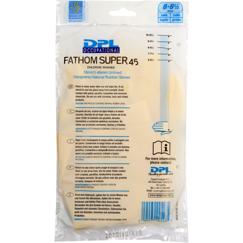 Priehľadné plastové balenie s nápisom "domáce rukavice Latex, Žlté, Neoprén" od Abena Re-Seller GmbH, ktoré obsahuje žlté domáce rukavice. Na balení sú uvedené špecifikácie produktu a pokyny v niekoľkých jazykoch.