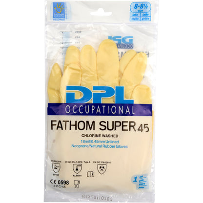 Priehľadné plastové balenie obsahuje žlté domáce rukavice Latex, Žlté, Neoprén od Abena Re-Seller GmbH. Etiketa zobrazuje názov značky a produktu, ako aj certifikácie a detaily.