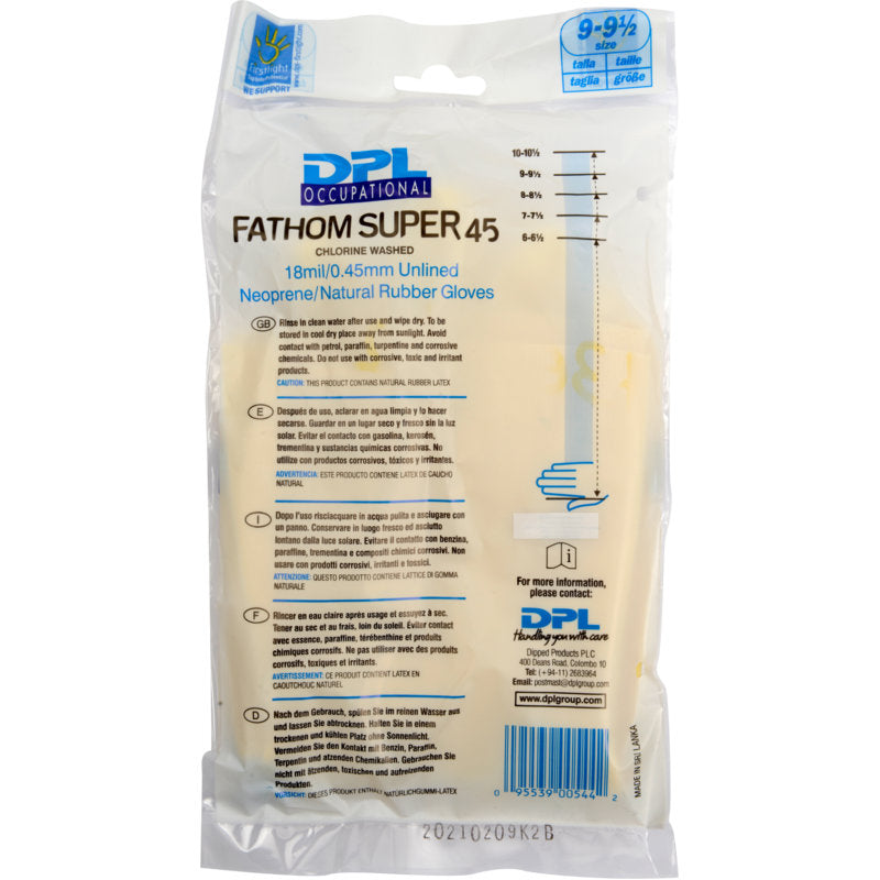 Eine versiegelte Packung Abena Re-Seller GmbH Haushaltshandschuhe Latex, Gelb, Neopren, Größe 9-9,5, mit Produktangaben, Gebrauchsanweisung und Firmeninformationen auf der Vorderseite.