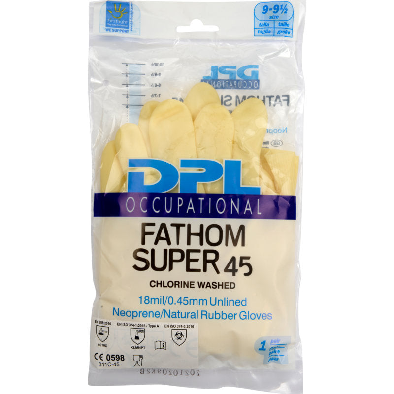 Priehľadné plastové balenie obsahuje domáce rukavice Abena Re-Seller GmbH Latex, Žlté, Neoprén. Balenie zobrazuje detaily produktu, veľkosť 9-9,5 a certifikácie.