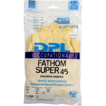 Priehľadné plastové balenie obsahuje domáce rukavice Abena Re-Seller GmbH Latex, Žlté, Neoprén. Balenie zobrazuje detaily produktu, veľkosť 9-9,5 a certifikácie.