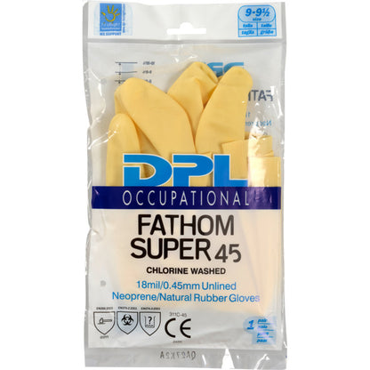 Zapečatený balík so žltými "domácimi rukavicami Latex, Žlté, Neoprén" od Abena Re-Seller GmbH, označený ako nevyplnené neoprénové/prírodné kaučukové čistiace rukavice, chlórom preprané, 18 mil/0,45 mm.