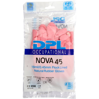 Priehľadný plastový obal obsahuje ružové domáce rukavice Latex od Abena Re-Seller GmbH, s certifikačnými symbolmi a veľkosťou 6-6½.