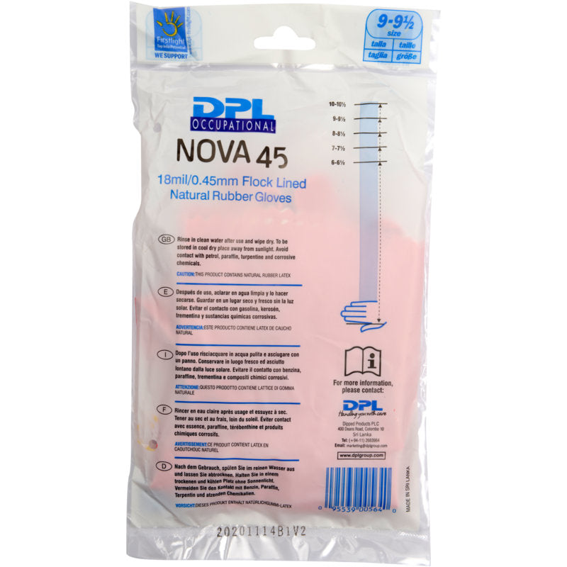 Priehľadný plastový obal obsahuje domáce rukavice Latex, Pink od Abena Re-Seller GmbH. Na obale sú uvedené veľkosť, hrúbka 18mil/0,45mm, Flockfutter, pokyny na použitie a starostlivosť. Ružové rukavice sú viditeľné zvnútra.