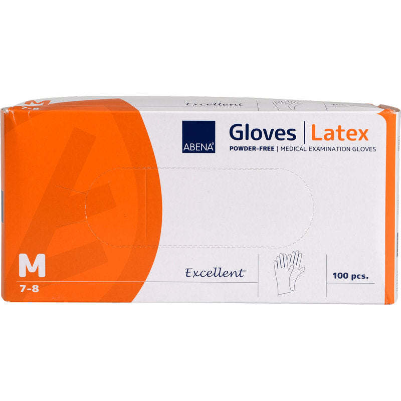 Eine Schachtel Abena Re-Seller GmbH Latex-Handschuhe Excellent, puderfrei, Größe medium (7-8), enthält 100 Einweghandschuhe. Die überwiegend weiße Verpackung hat orangefarbene Akzente und eine ausführliche Produktinformation auf der Vorderseite.