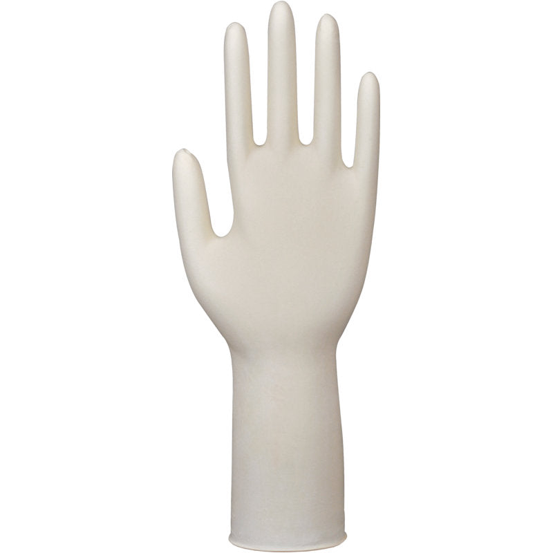 Ein einzelner Abena Re-Seller GmbH Latex-Handschuh Classic, puderfrei, lang, natur wird aufrecht mit der Handfläche nach vorne und ausgestreckten Fingern präsentiert, um sein professionelles Design zu unterstreichen.