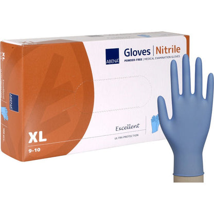 Krabica Nitrilových rukavíc Excellent, bez púdru, modré od Abena Re-Seller GmbH v XL, s modrou rukavicou, ktorá stojí vzpriamene vedľa. Na obale je nápis "Excellent Ultra Protection".