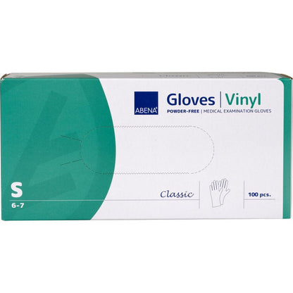 Krabica rukavíc Abena Re-Seller GmbH Vinyl-Handschuhe Classic, bez púdru a priehľadná, veľkosť small (6-7), obsahuje 100 jednorazových rukavíc. Bielo-zelené balenie uvádza detaily produktu a zobrazuje obrázok rukavice.