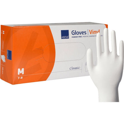 Balenie rukavíc Abena Re-Seller GmbH Vinyl-Handschuhe Classic, veľkosť M (7-8), bez púdru a priehľadné, s obrázkom bielej jednorazovej rukavice na oranžovo-bielom balení pre lekárske aplikácie.