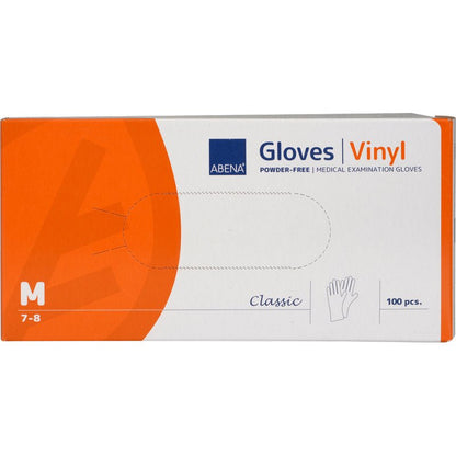 Obdĺžniková krabica rukavíc Abena Re-Seller GmbH Vinyl-Handschuhe Classic, bez púdru, priehľadná, veľkosť medium (7-8), obsahuje 100 jednorazových rukavíc. Oranžovo-biela krabica zobrazuje na prednej strane informácie o produkte a obrázok ruky.