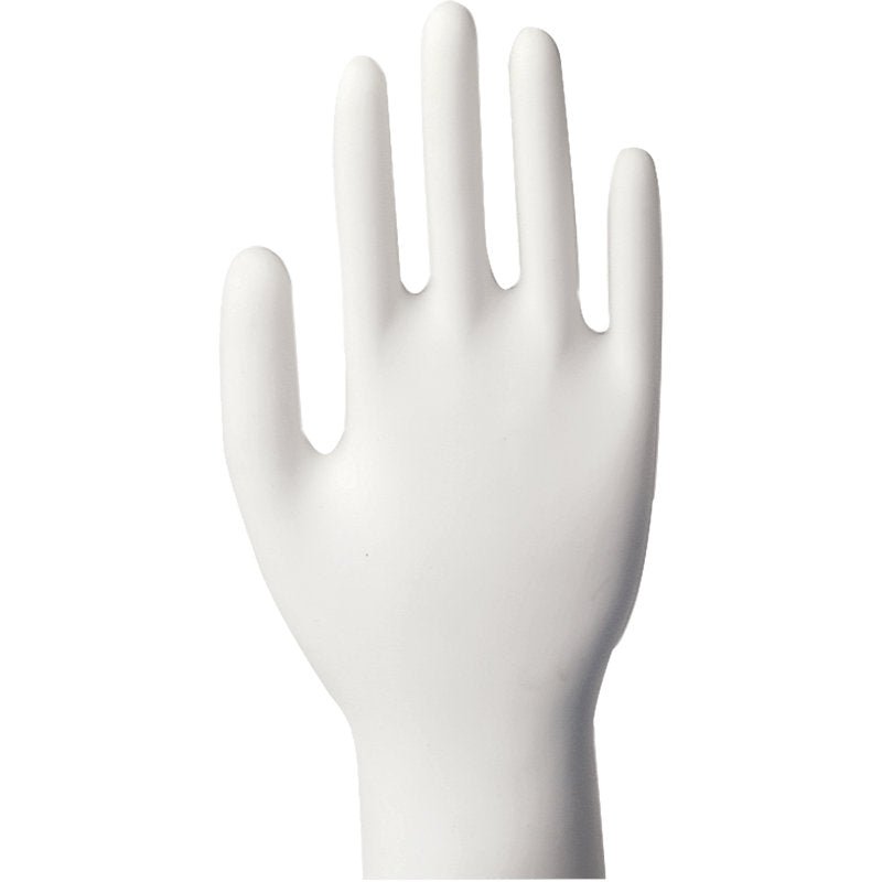 Biela, vzpriamená pravá figurína s natiahnutými prstami ukazuje Abena Re-Seller GmbH Vinyl-Handschuhe Classic, bez púdru, priehľadná na jednofarebnom pozadí.