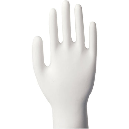 Biela, vzpriamená pravá figurína s natiahnutými prstami ukazuje Abena Re-Seller GmbH Vinyl-Handschuhe Classic, bez púdru, priehľadná na jednofarebnom pozadí.